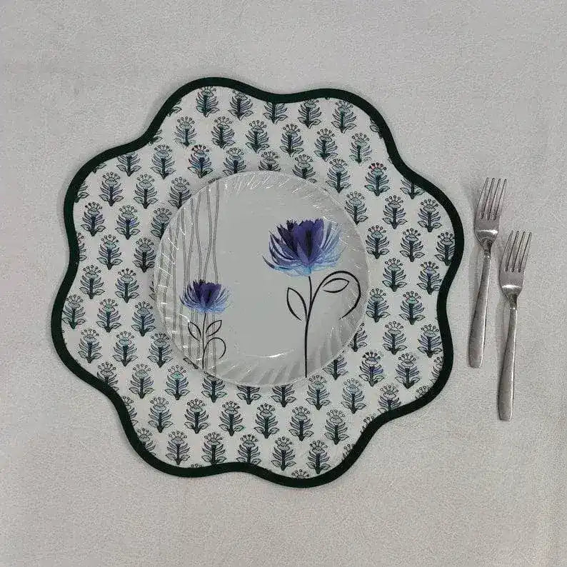 Block Printed Green Tree Round Scalloped Placemats