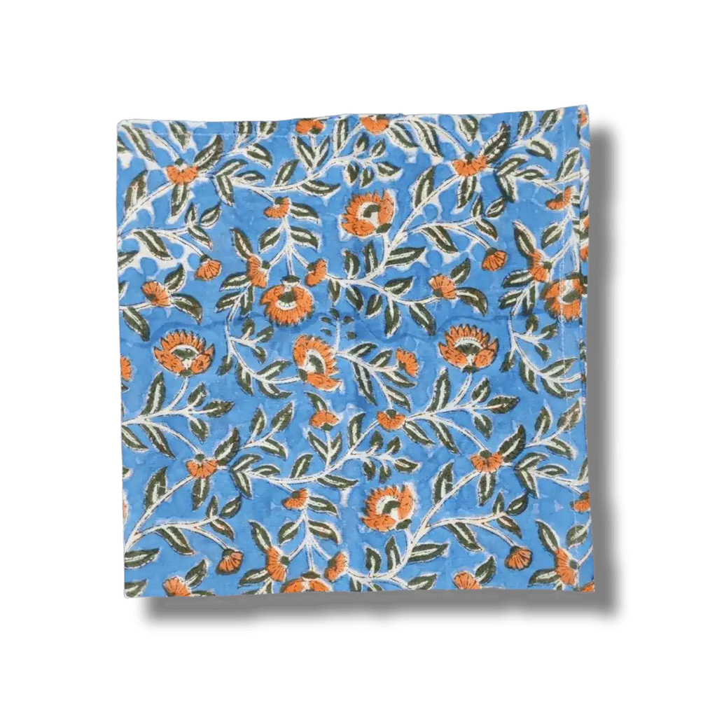 Blue and Orange Floral Block Printed Cotton Napkins