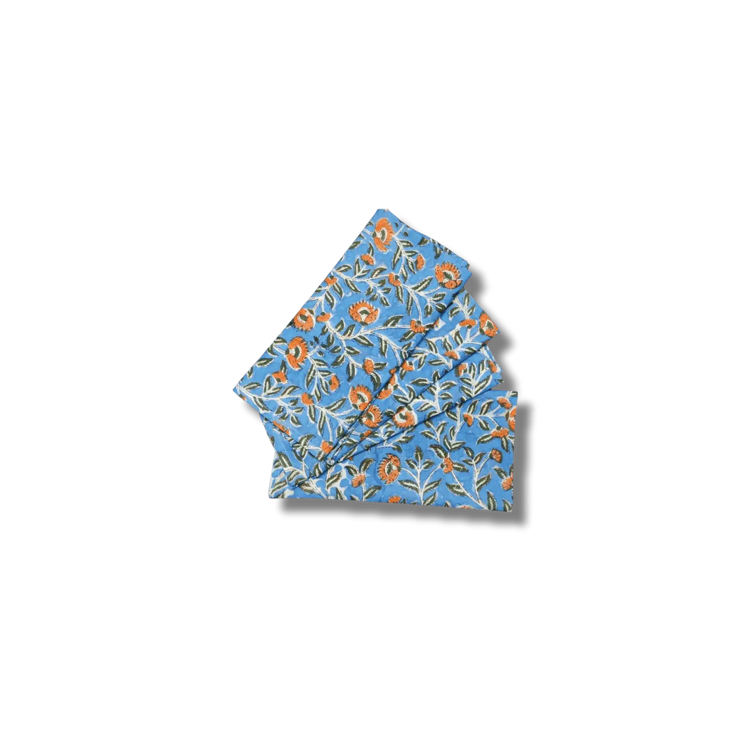 Blue and Orange Floral Block Printed Cotton Napkins