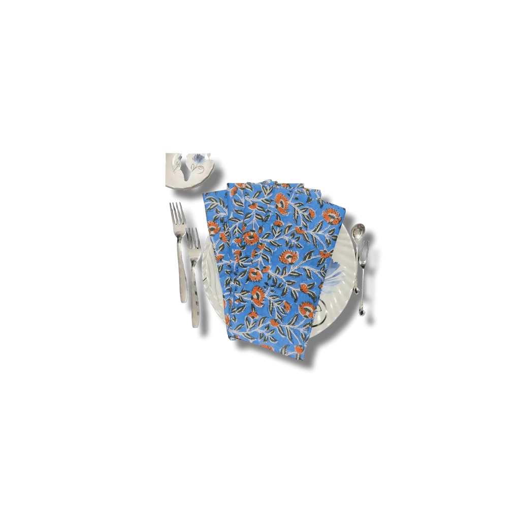 Blue and Orange Floral Block Printed Cotton Napkins
