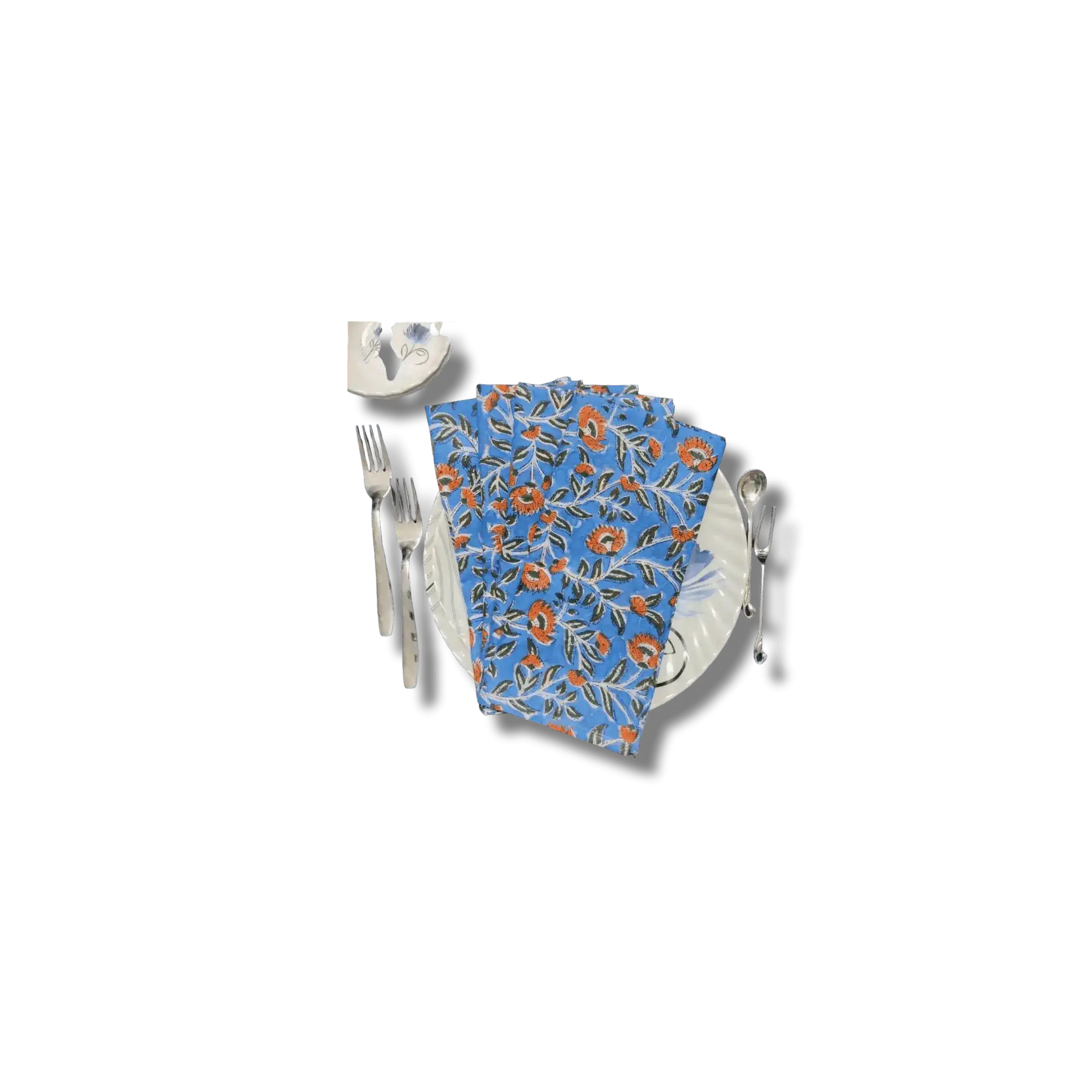 Blue and Orange Floral Block Printed Cotton Napkins