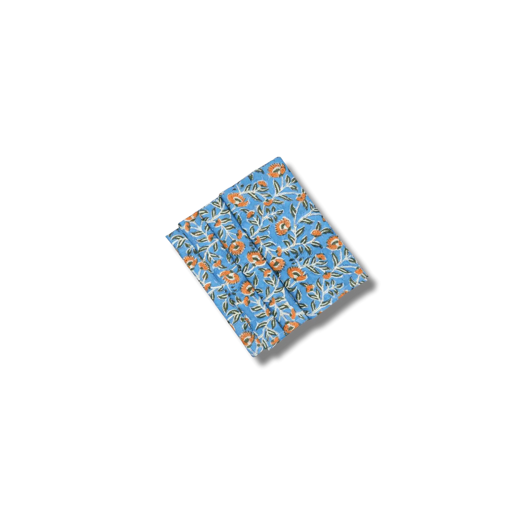 Blue and Orange Floral Block Printed Cotton Napkins