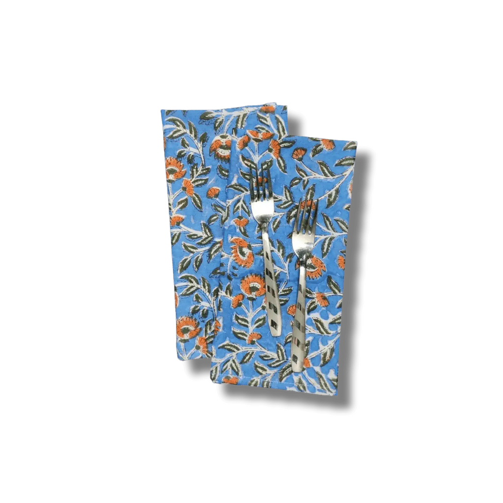 Blue and Orange Floral Block Printed Cotton Napkins