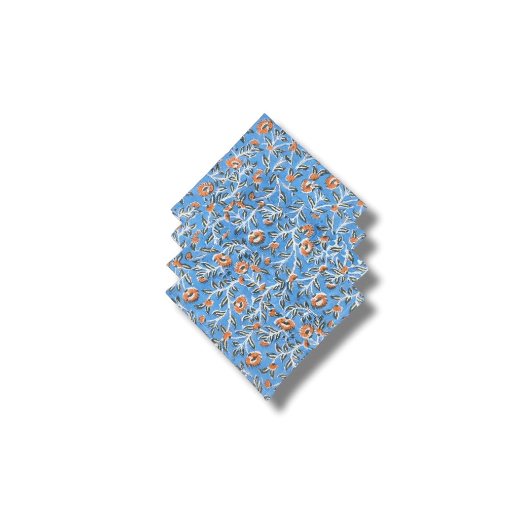 Blue and Orange Floral Block Printed Cotton Napkins