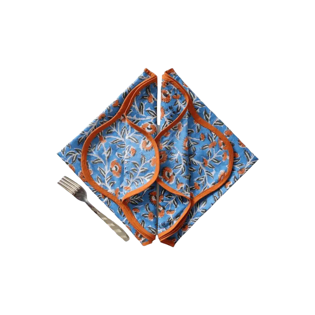 Blue and Orange Floral Block Printed Scalloped Cotton Napkins