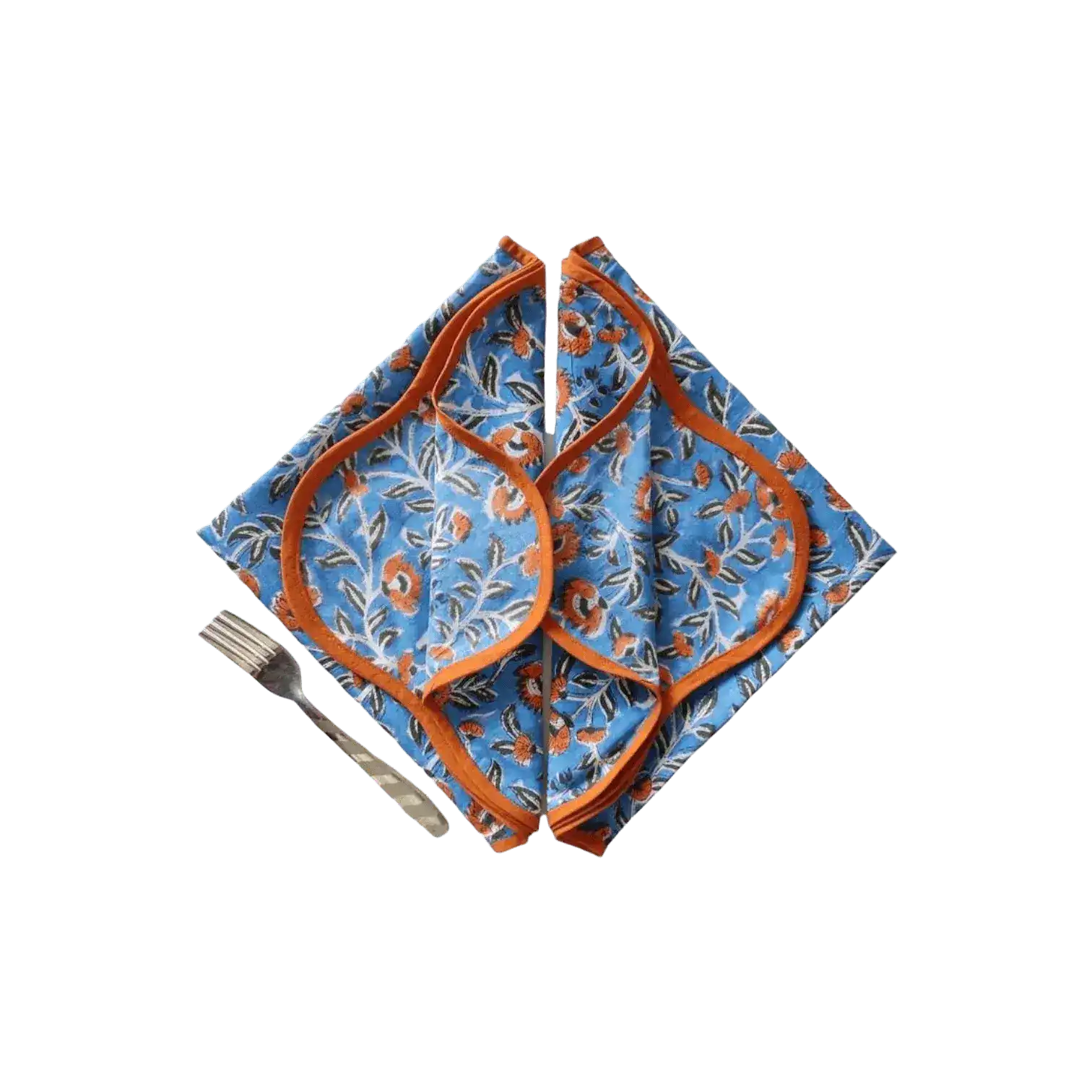 Blue and Orange Floral Block Printed Scalloped Cotton Napkins