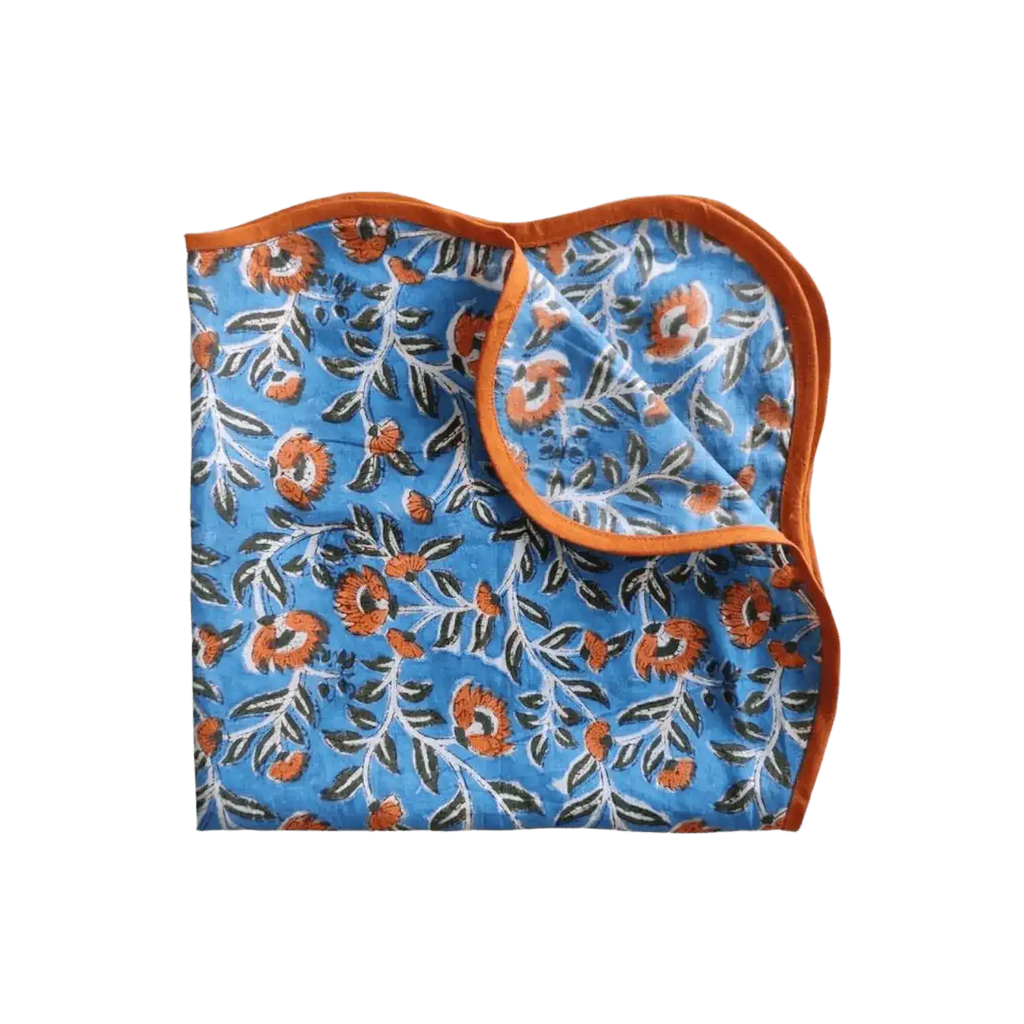 Blue and Orange Floral Block Printed Scalloped Cotton Napkins