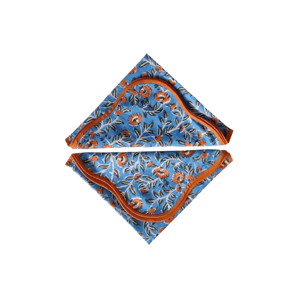 Blue and Orange Floral Block Printed Scalloped Cotton Napkins