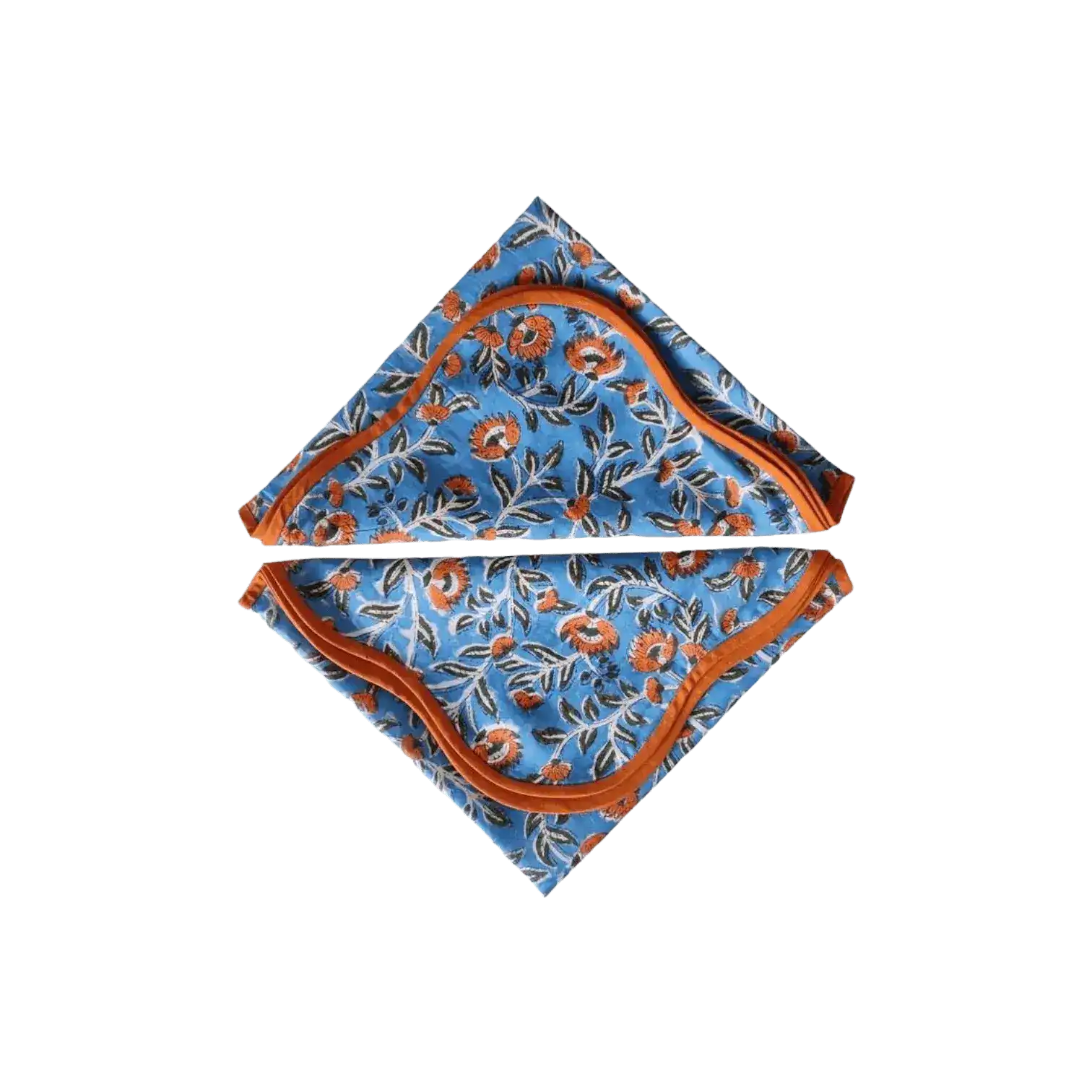 Blue and Orange Floral Block Printed Scalloped Cotton Napkins