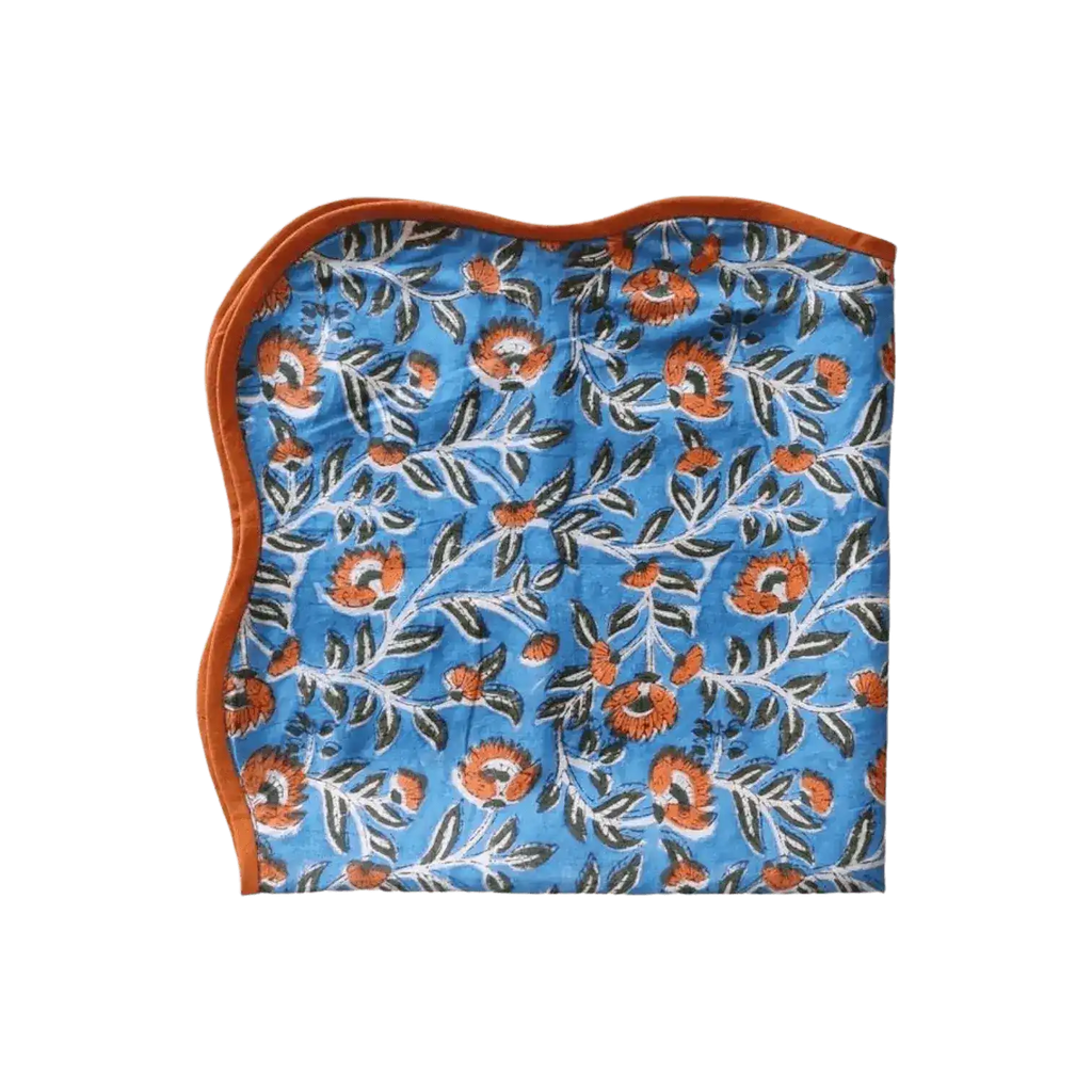 Blue and Orange Floral Block Printed Scalloped Cotton Napkins