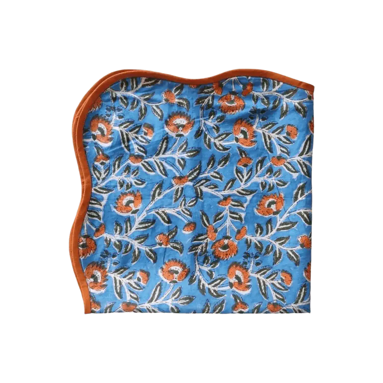Blue and Orange Floral Block Printed Scalloped Cotton Napkins