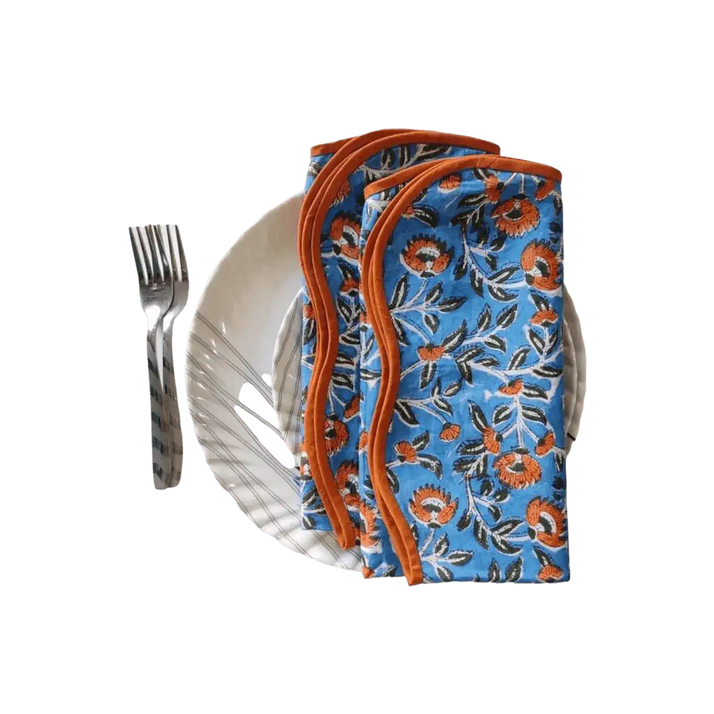 Blue and Orange Floral Block Printed Scalloped Cotton Napkins