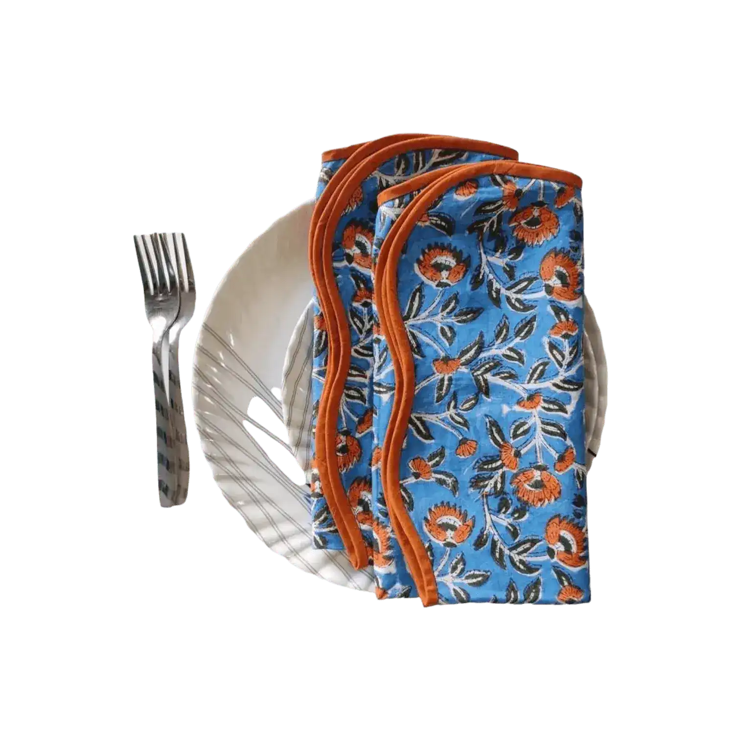 Blue and Orange Floral Block Printed Scalloped Cotton Napkins