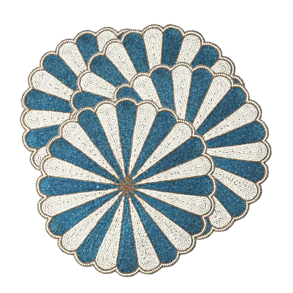Blue and White Beaded Scallop Round Placemats