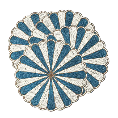 Blue and White Beaded Scallop Round Placemats