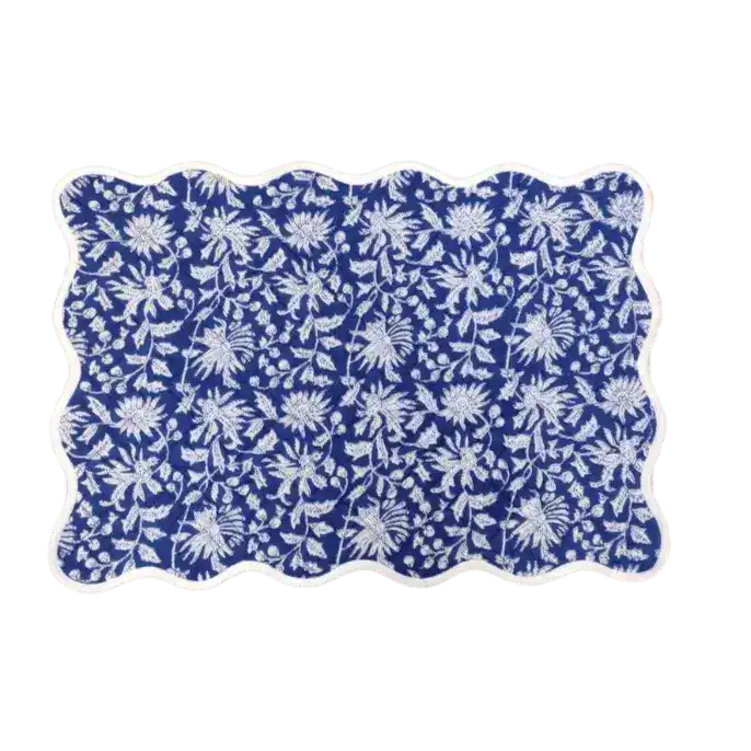 Blue and White Floral Scalloped Cotton Placemats