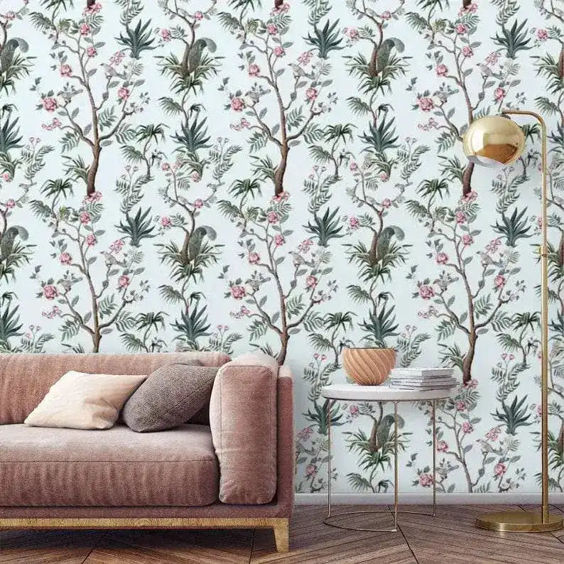 Blue Botanicals and Birds and Chinoiserie Wallpaper