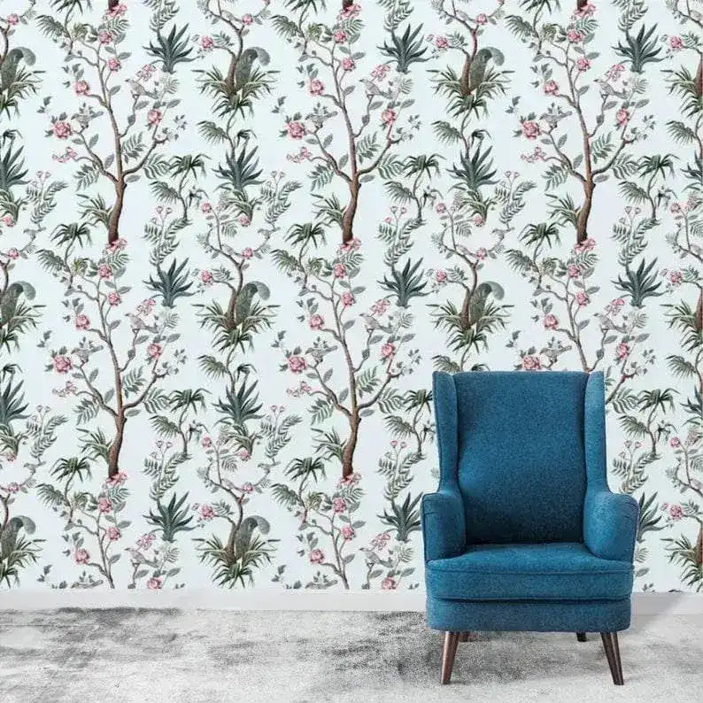 Blue Botanicals and Birds and Chinoiserie Wallpaper