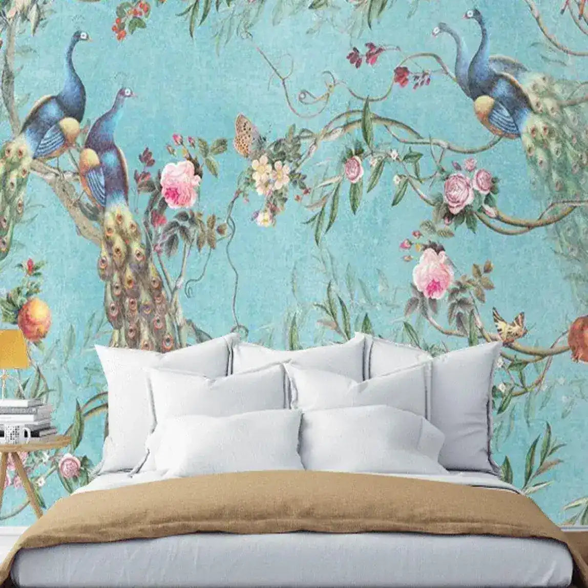 Blue Peacocks Chinoiserie Wallpaper