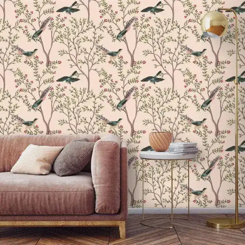 Blush Chinoiserie and Bird Wallpaper