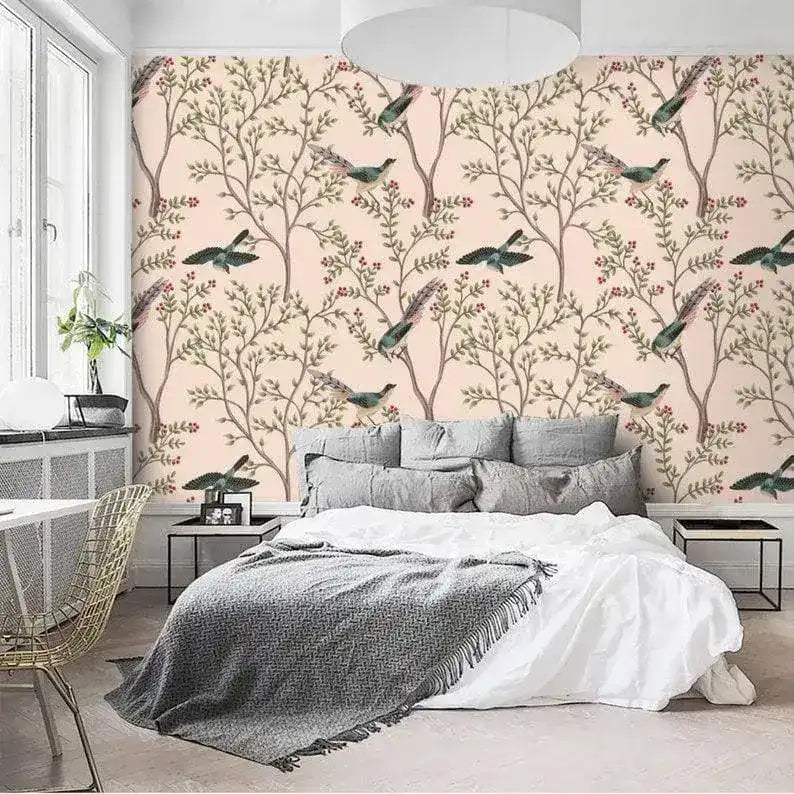 Blush Chinoiserie and Bird Wallpaper