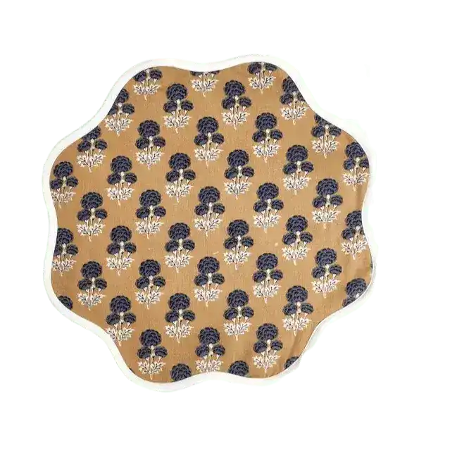 Brown Block Printed Floral Scallop Cotton Placemats