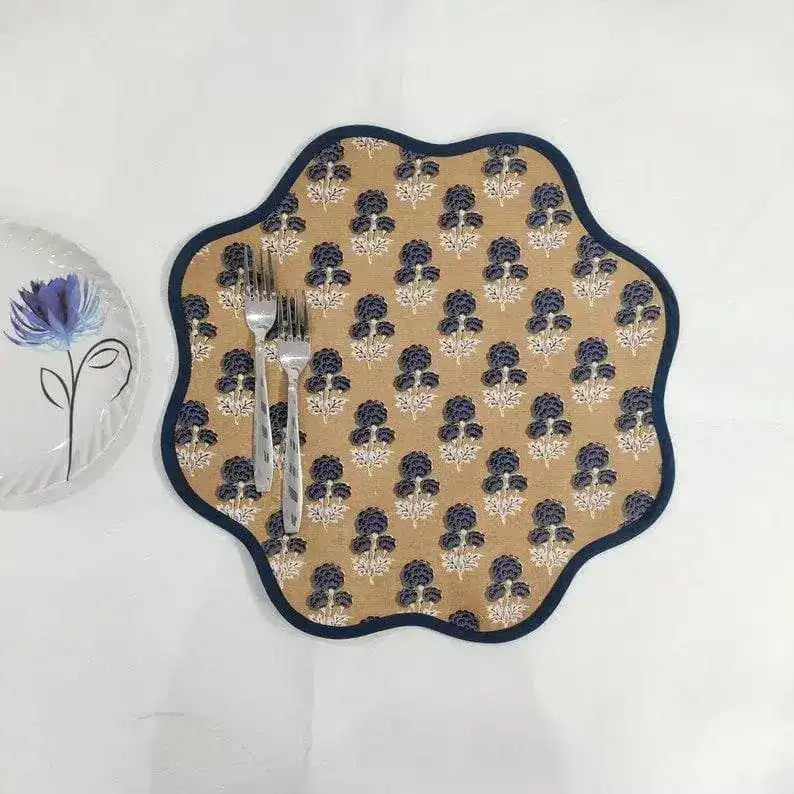 Brown Block Printed Floral Scallop Cotton Placemats