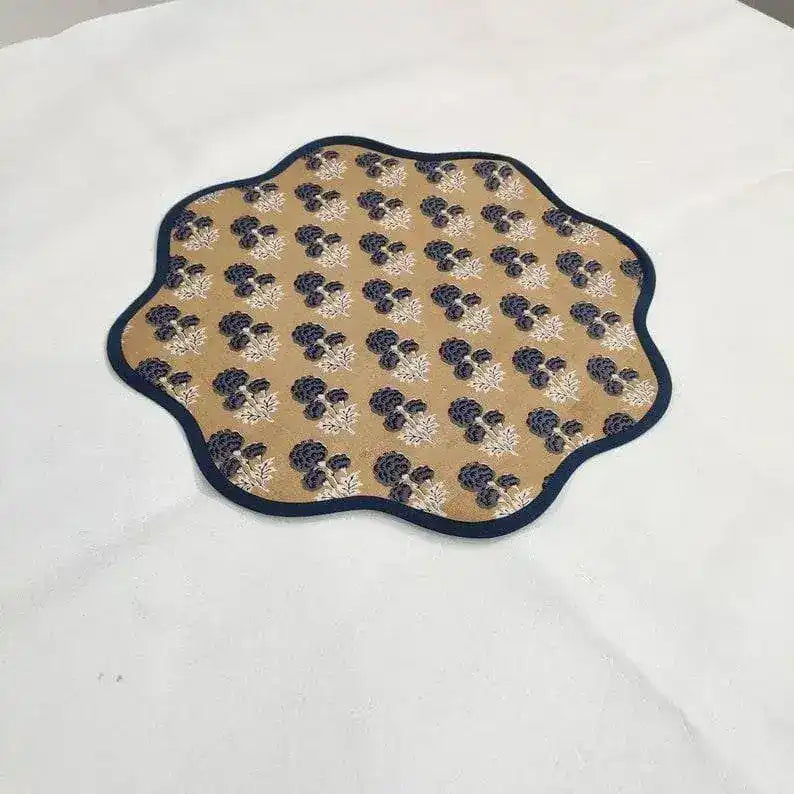 Brown Block Printed Floral Scallop Cotton Placemats