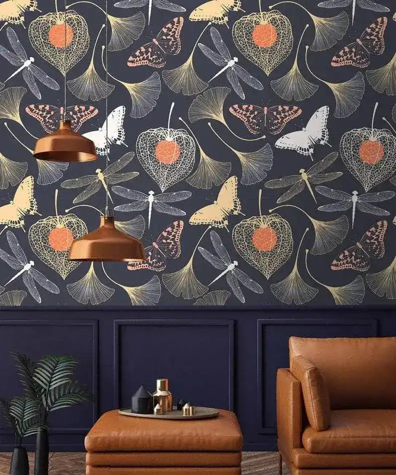 Butterflies and Dragonfly in Mystery Gingko Leaves Garden Wallpaper
