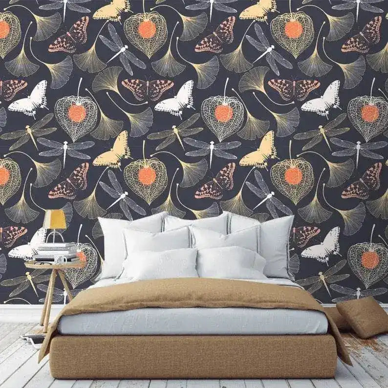 Butterflies and Dragonfly in Mystery Gingko Leaves Garden Wallpaper