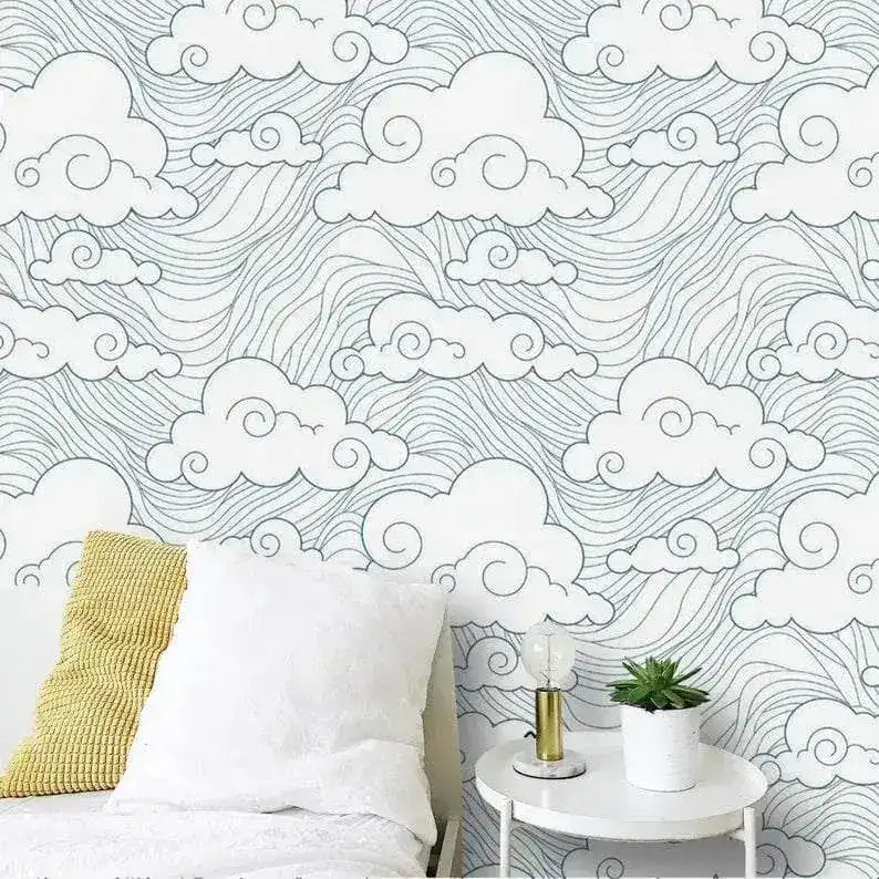 Chinoiserie Clouds and Ocean Wave Wallpaper