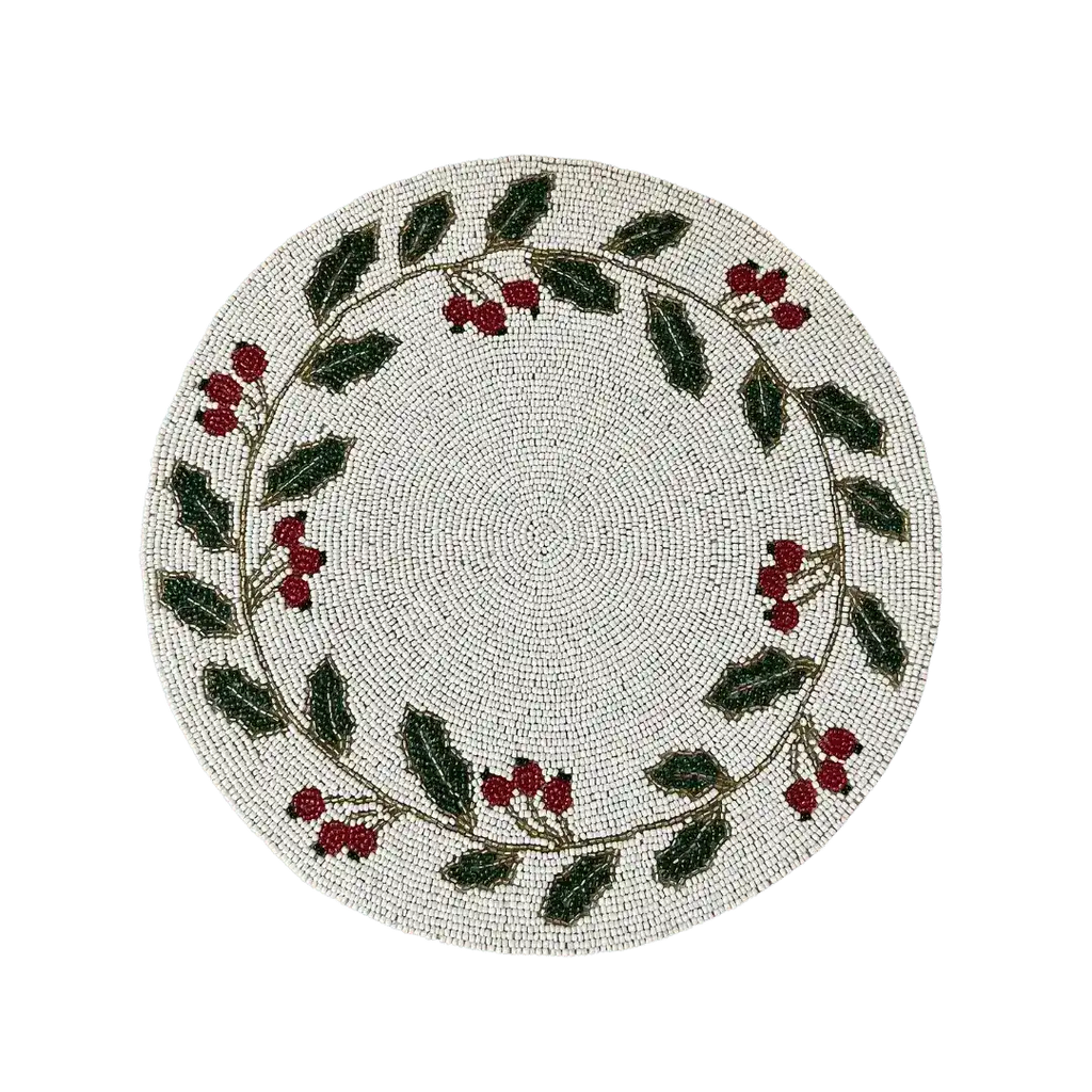 Christmas Holly Berry Leaves Round Beaded Placemat