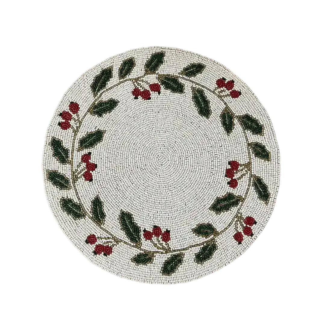 Christmas Holly Berry Leaves Round Beaded Placemat