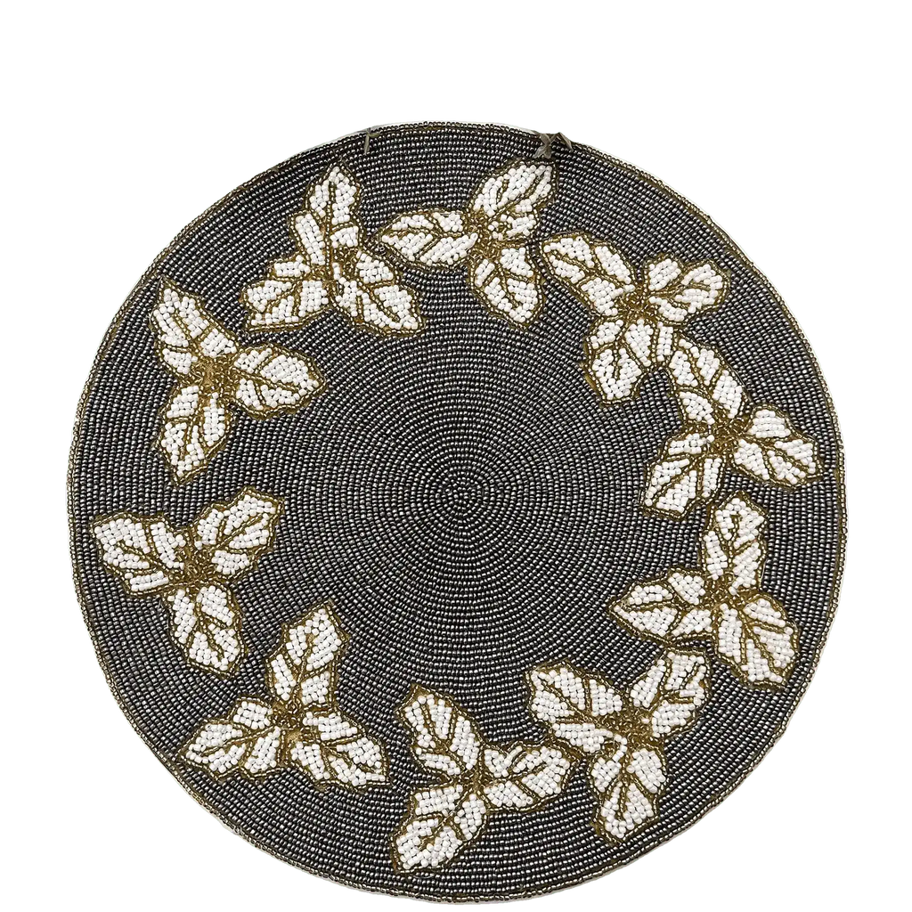 Christmas Holly Berry Round Beaded Placemat - Mercury