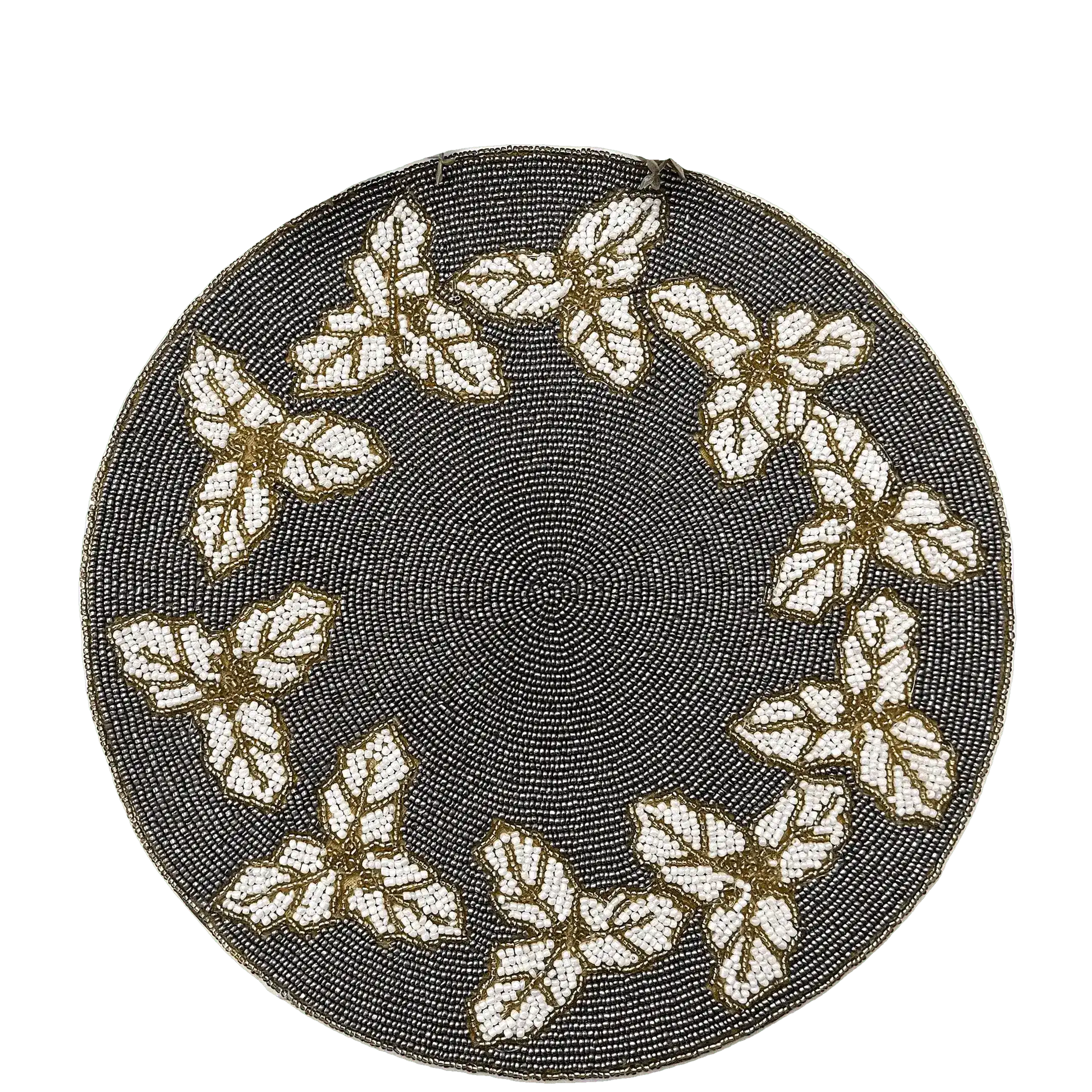 Christmas Holly Berry Round Beaded Placemat - Mercury