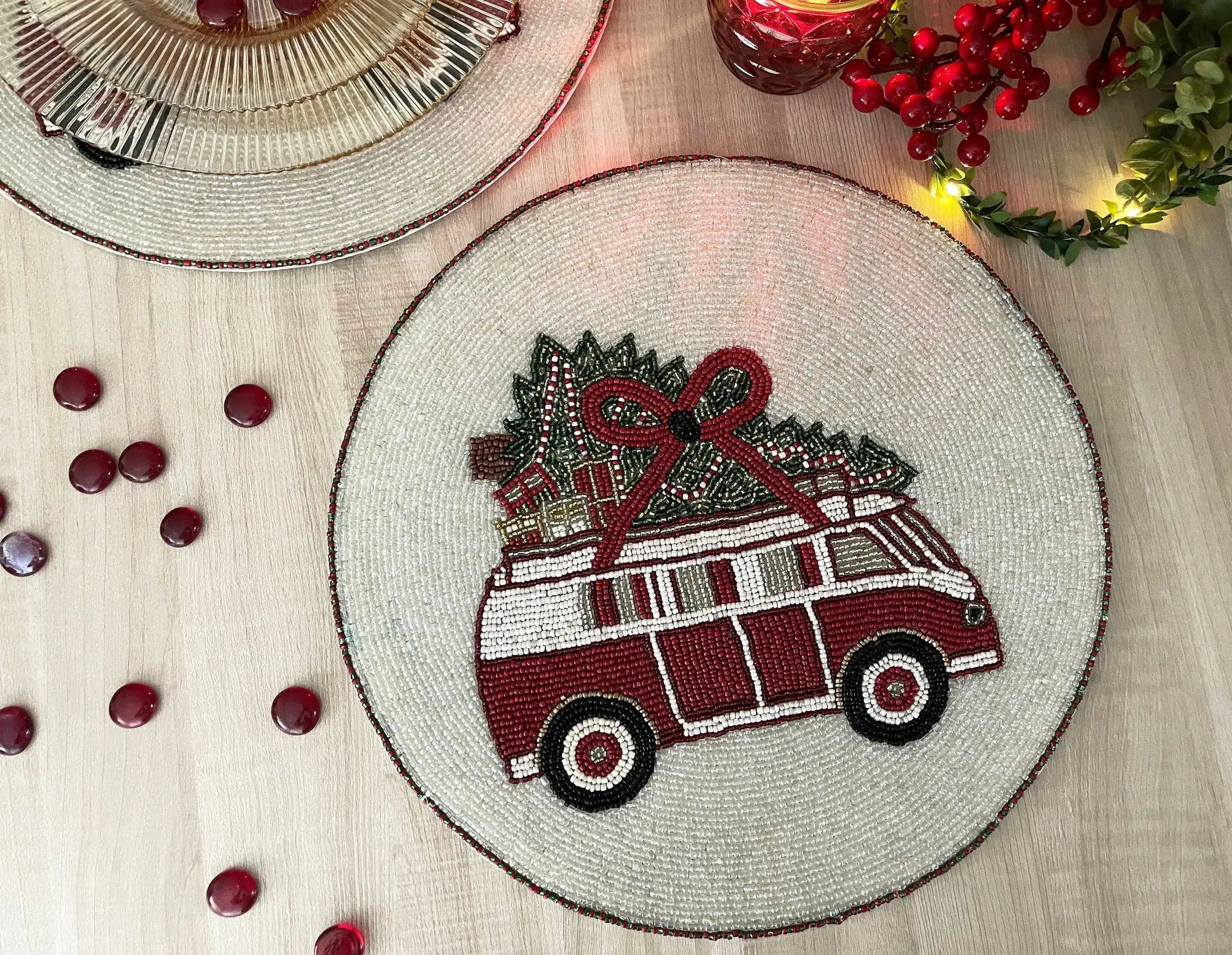 Christmas Red Volkswagen Van Round Beaded Placemat - Set of 6