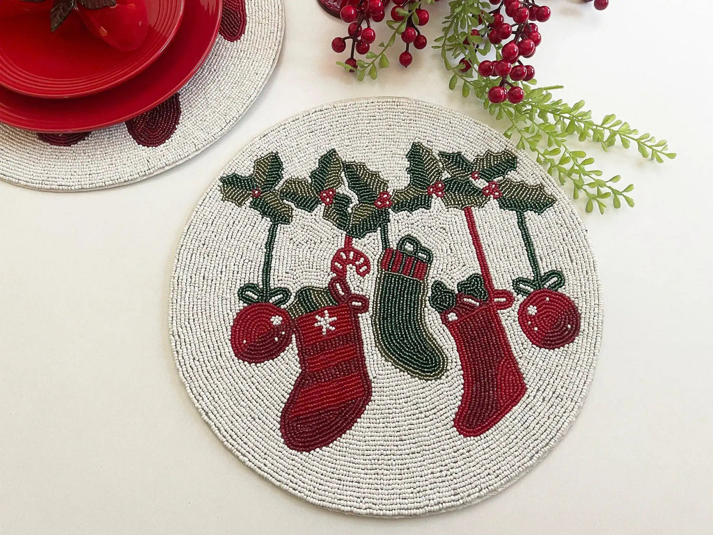Christmas Stocking Round Beaded Placemat - Set of 6