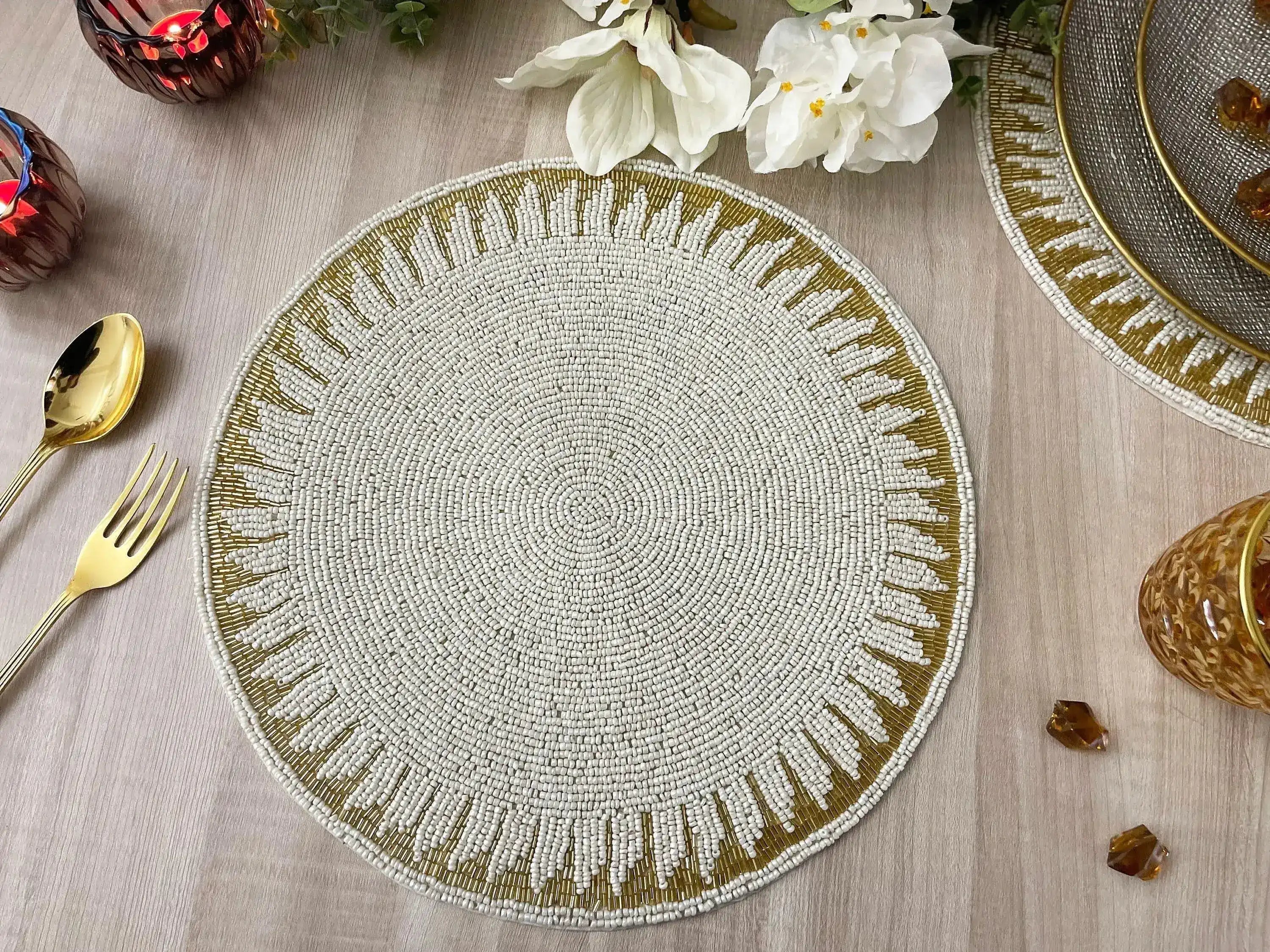 Christy Gold and White Round Beaded Placemat
