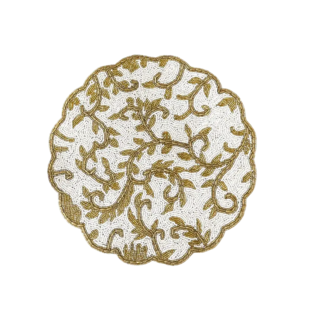 Classic Floral Motif Beaded Placemat - White/Gold