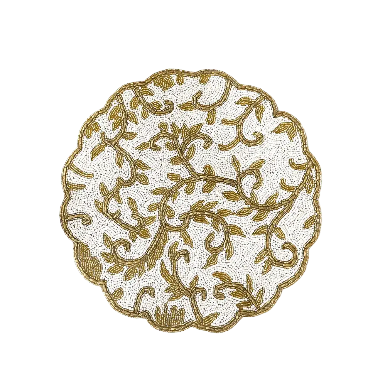 Classic Floral Motif Beaded Placemat - White/Gold
