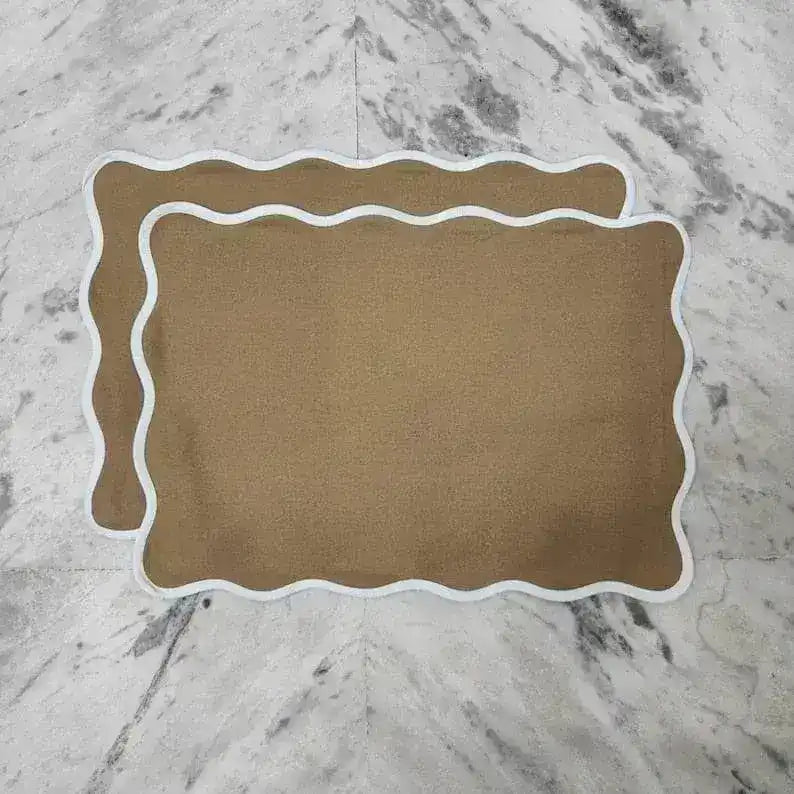 Brown White Border Scalloped Cotton Placemats - Set of 10