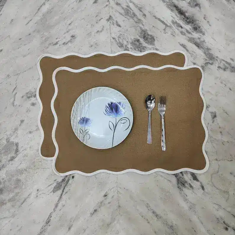 Brown White Border Scalloped Cotton Placemats - Set of 10