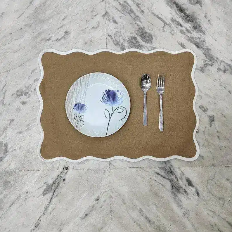 Brown White Border Scalloped Cotton Placemats - Set of 10