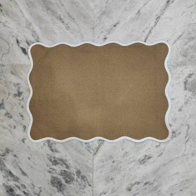 Brown White Border Scalloped Cotton Placemats - Set of 10