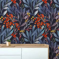 Colorful Ferns and Red Floral Wallpaper