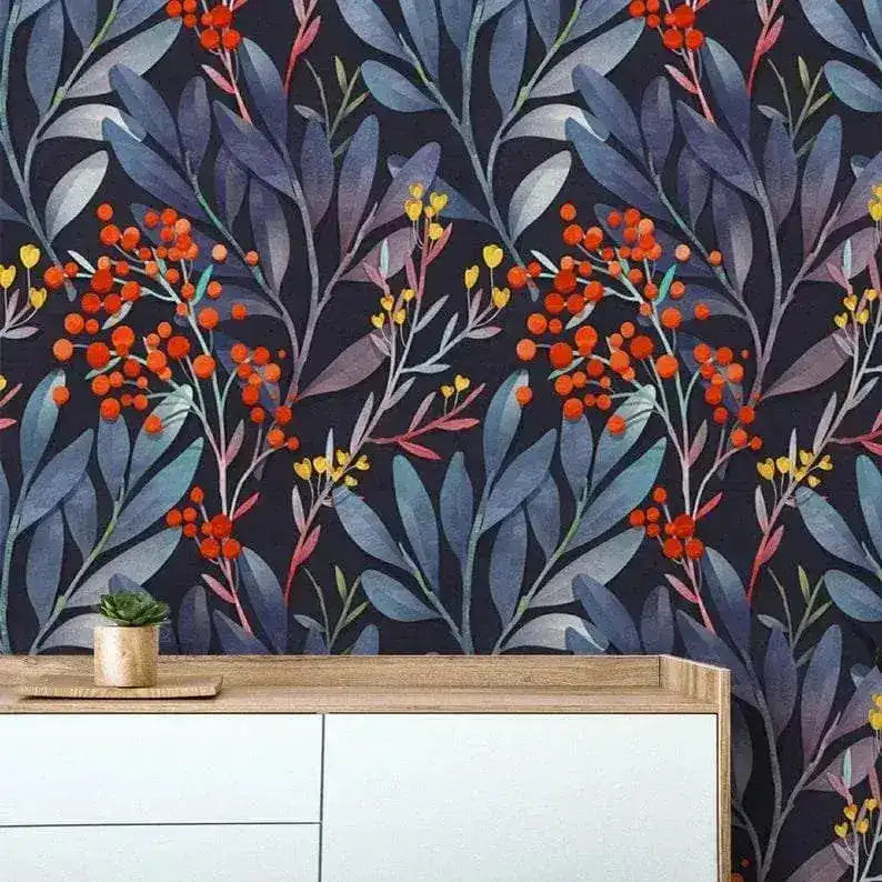 Colorful Ferns and Red Floral Wallpaper