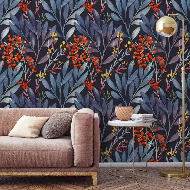 Colorful Ferns and Red Floral Wallpaper