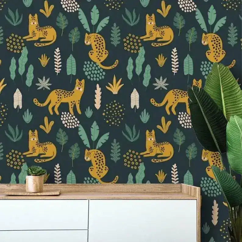 Colorful Fox and Ferns Illustrated Jungle Wallpaper