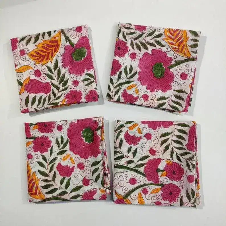 Colorful Spring Floral Block Printed Cotton Napkins