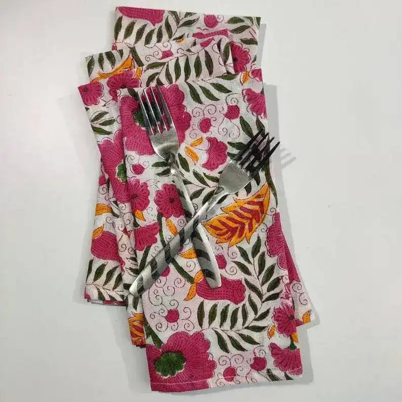 Colorful Spring Floral Block Printed Cotton Napkins